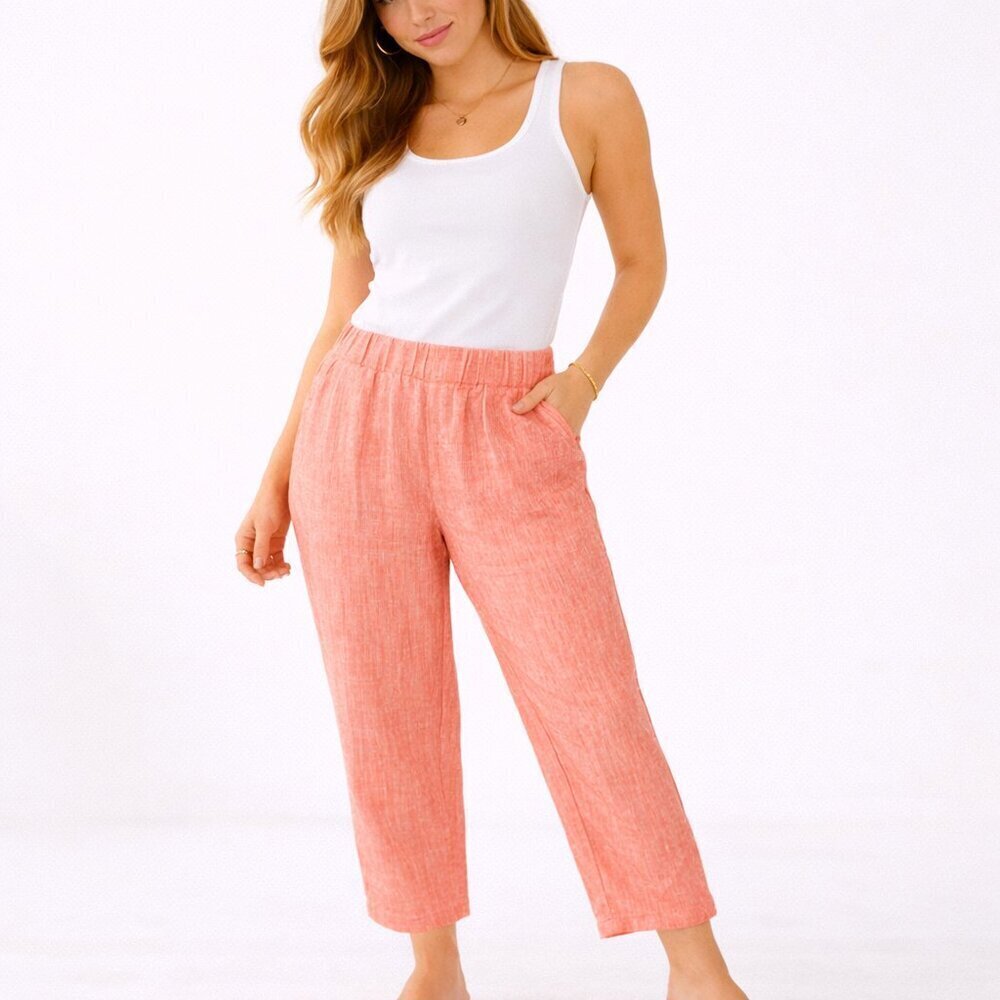 Anthropologie Linen Cropped Pants Small Coral Pink Stripe High Rise Pull On